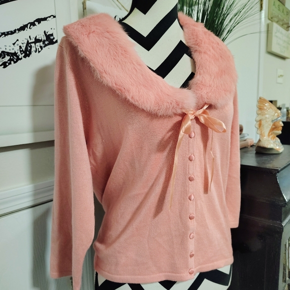 Laundry Shelli Segal Silk Rabbit Fur Sweater Women's Large Pink Fur Collar Soft - Picture 7 of 10